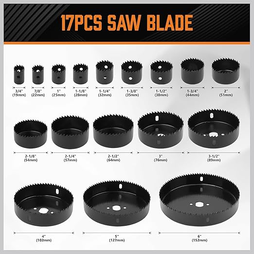 HORUSDY Hole Saw Set 24PCS Hole Saw Kit, Hole Saw Drill Bit Kit, 3/4"-6" 17PCS - Image 3