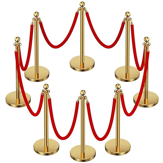 8pcs Sturdy Gold Stanchion Posts and 8pcs High Quality Red Carpet Velvet Ropes by CAMMOO