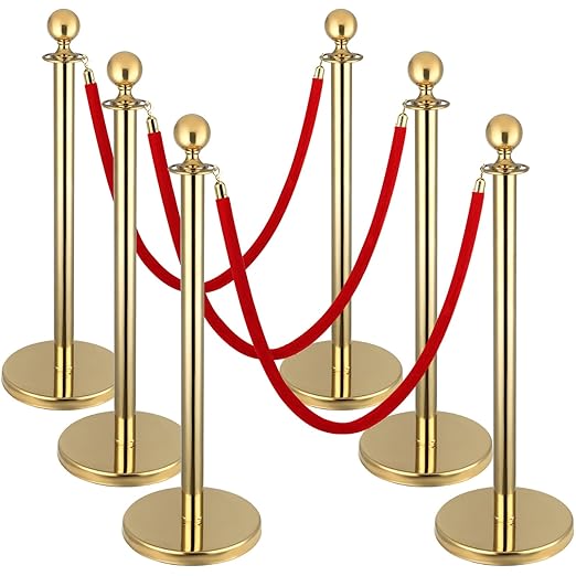 6pcs Gold Stanchions and Red Velvet Ropes 4pcs by Berverra