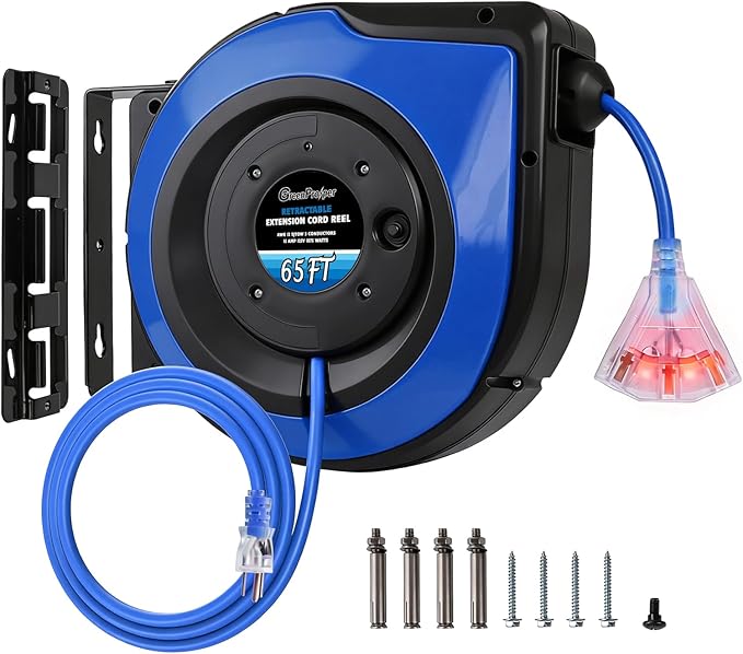 65Ft Heavy Duty Cord Reel, Retractable Extension Cord, 12AWG/3C SJTOW, Lighted by GreenProsper