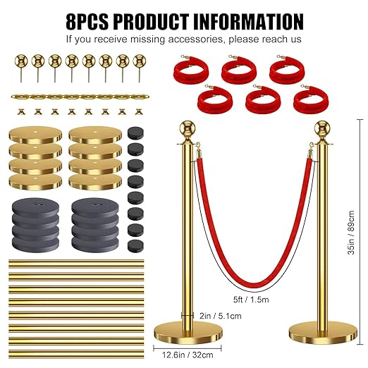 kaiyomi 8Pcs Stanchions with Red Velvet Ropes Set, 5 Feet Velvet Ropes and - Image 2