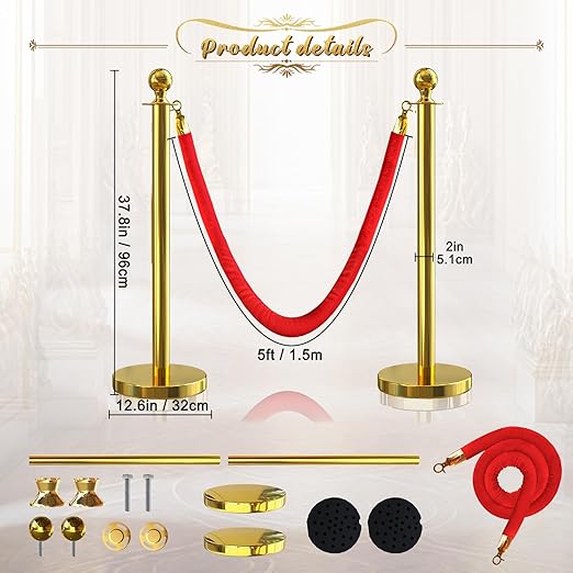 2Pcs Gold Stanchion Post Queue Velvet Ropes and Posts - Image 2