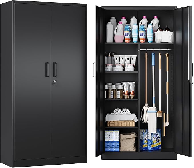 Broom Closet with Lock, Metal Storage Cabinet 36" Wide, 5-Tier Steel Utility by LISSIMO