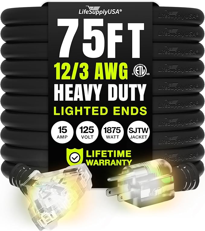 75ft Outdoor/Indoor Extension Cord 3-Outlet 12/3 Gauge Extra Heavy Duty ETL by LifeSupplyUSA