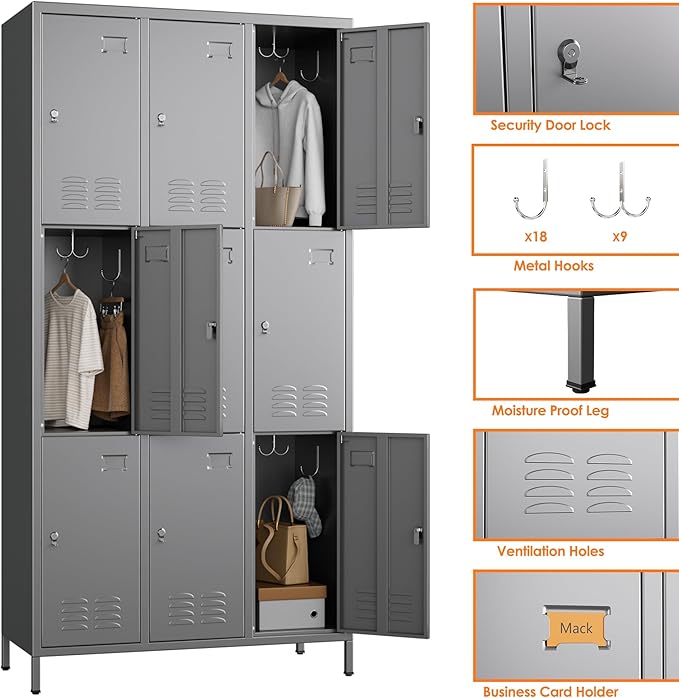 Employee Lockers with 27 Hooks, 9 Doors Metal Storage Locker with Card Holder - Image 4