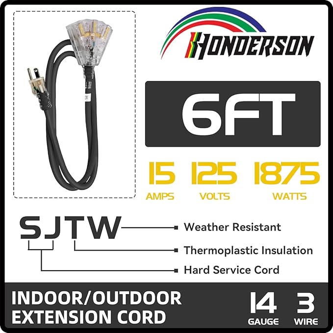 3-Outlets Indoor Outdoor Extension Cord Weatherproof - Image 2
