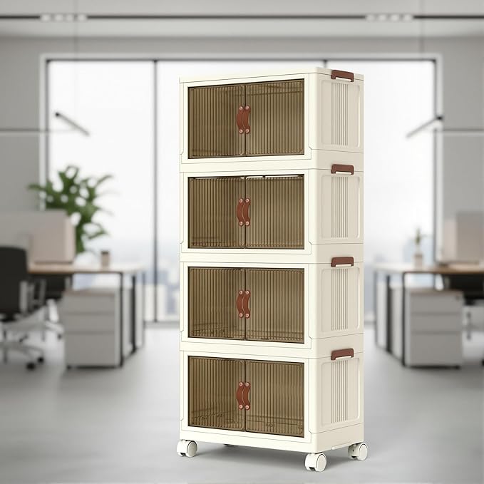 4 Tier Plastic Stackable Storage Bins and Boxes Organizer, Foldable Containers - Image 2