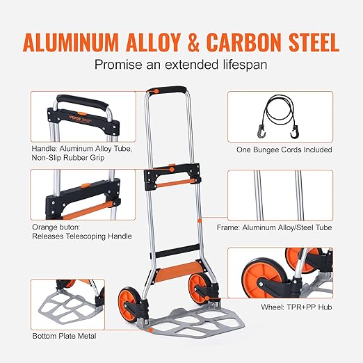 VEVOR Folding Hand Truck and Dolly, 275 Lbs Capacity, Aluminum Foldable Cart - Image 5