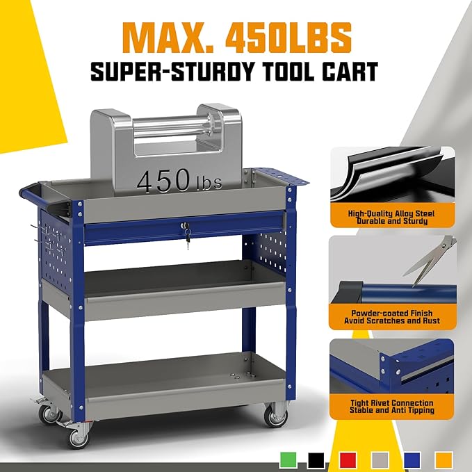 3 Tier Rolling Tool Cart on Wheels, 450 LBS Capacity Tool Cart - Image 4