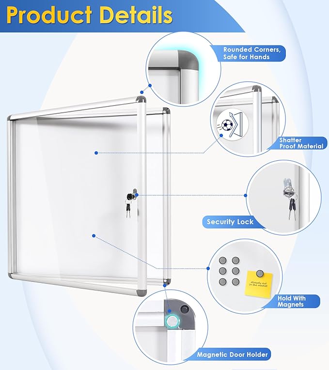 SWANCROWN Lockable Noticeboard White Bulletin Boards Magnetic Wall Mount - Image 3