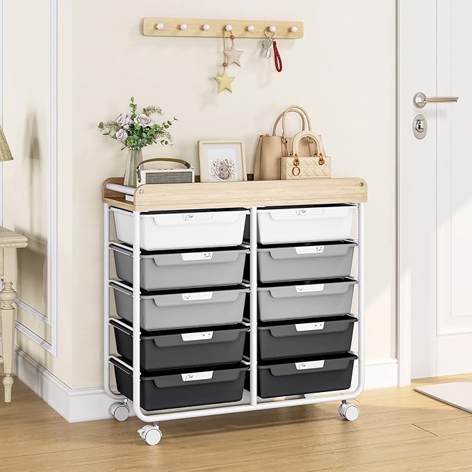 10 Drawers Rolling Cart with Wooden Tabletop, Utility Storage Cart with Wheels - Image 7