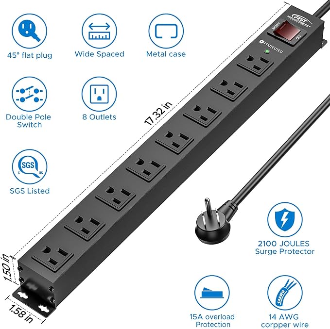 CRST 8 Outlet Metal Heavy Duty Power Strip, 2100J Surge Protector, 6FT Cord - Image 2