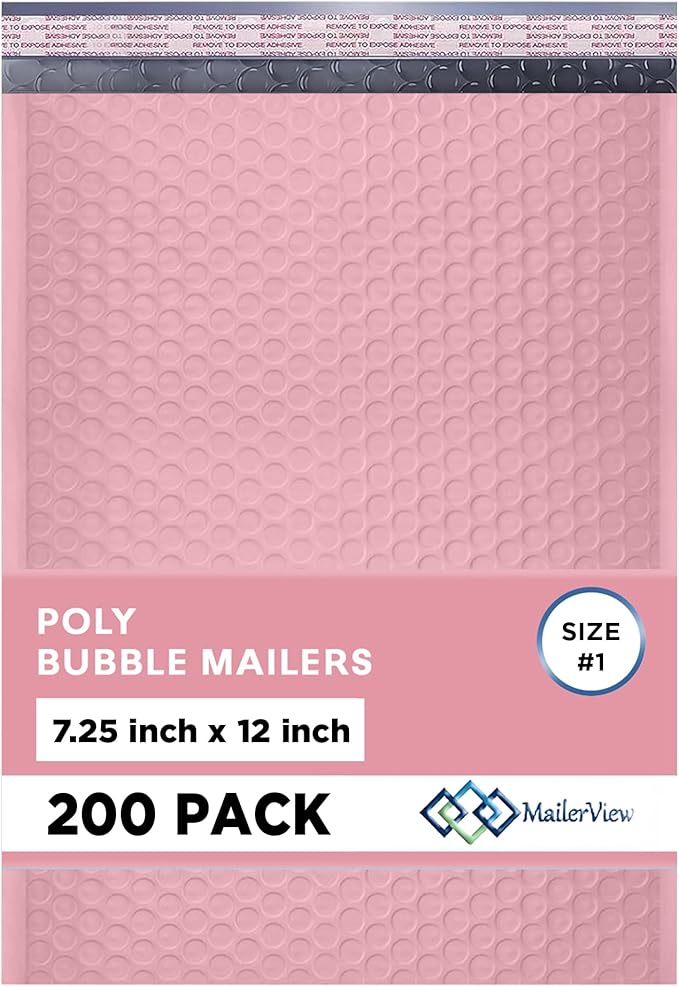 Light Pink Poly Bubble Mailers 7.25x12 inch #1 | Self Seal Padded Envelopes | by MAILERVIEW