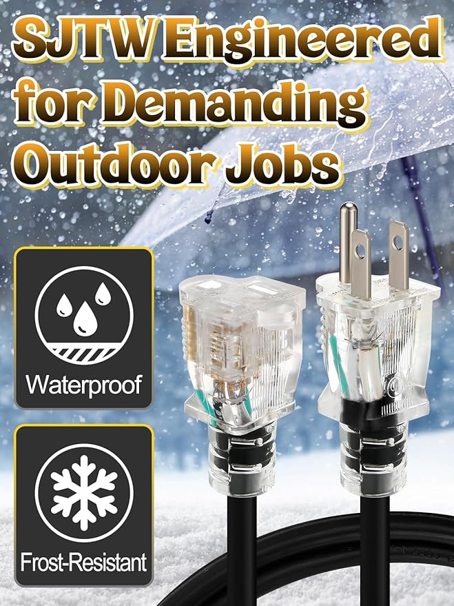 Lighted End Heavy Duty Outdoor Extension Cord Waterproof -16AWG, 3 Prong - Image 2
