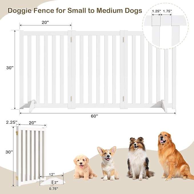 30" Height Tall Freestanding Pet Gate, Solid Wood Folding Safety Fence Wooden - Image 3