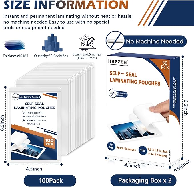 100 Pack 10 Mil 4"x6" Self Sealing Laminating Pouches Self Adhesive Lamination - Image 2