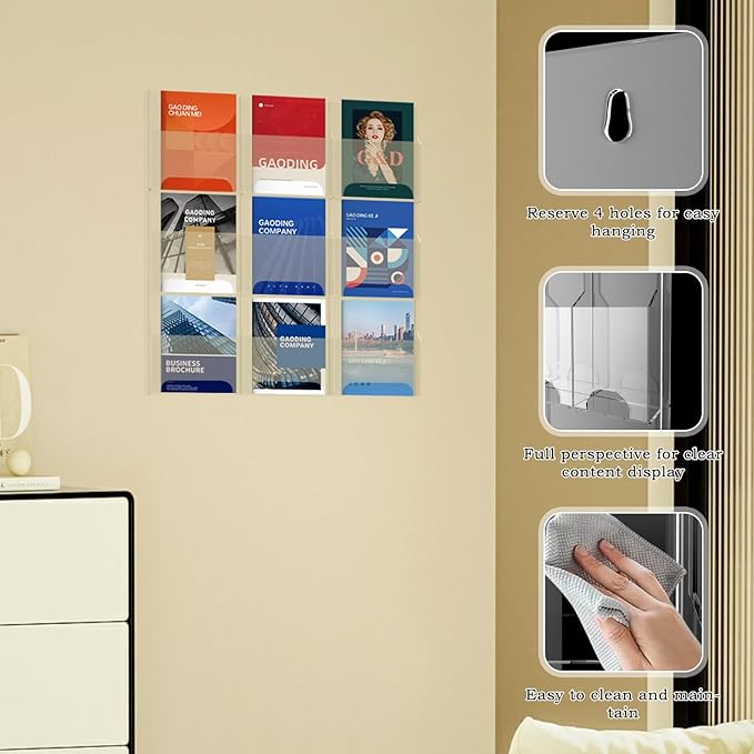 Acrylic Brochure Pamphlet Holder, 9 Magazine Holders, Trifold Flyer Rack - Image 3