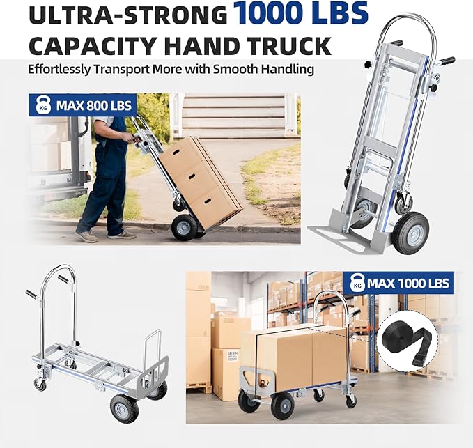 Hand Trucks Heavy Duty Aluminum Dolly Cart, 3 in 1 Design 1000 Lbs Capacity - Image 3