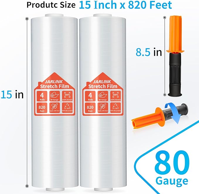 JARLINK Stretch Film, 80 Gauge, 15 Inch x 820 Feet Shrink Wrap - Image 2