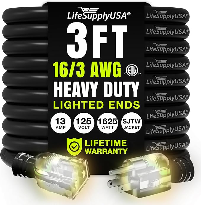 3ft Outdoor/Indoor Extension Cord 16/3 Gauge Heavy Duty 3 Prong SJTW, Waterproof by LifeSupplyUSA