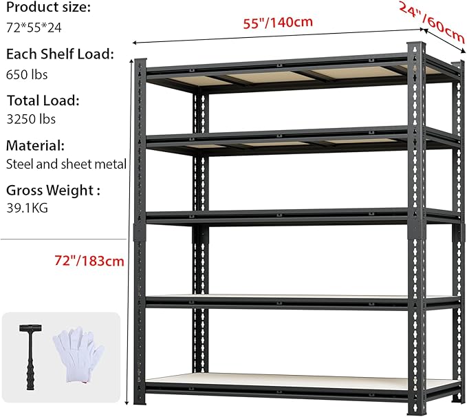 5 Tier Garage Shelving, Adjustable Heavy Duty Garage Shelves, Metal Storage - Image 2