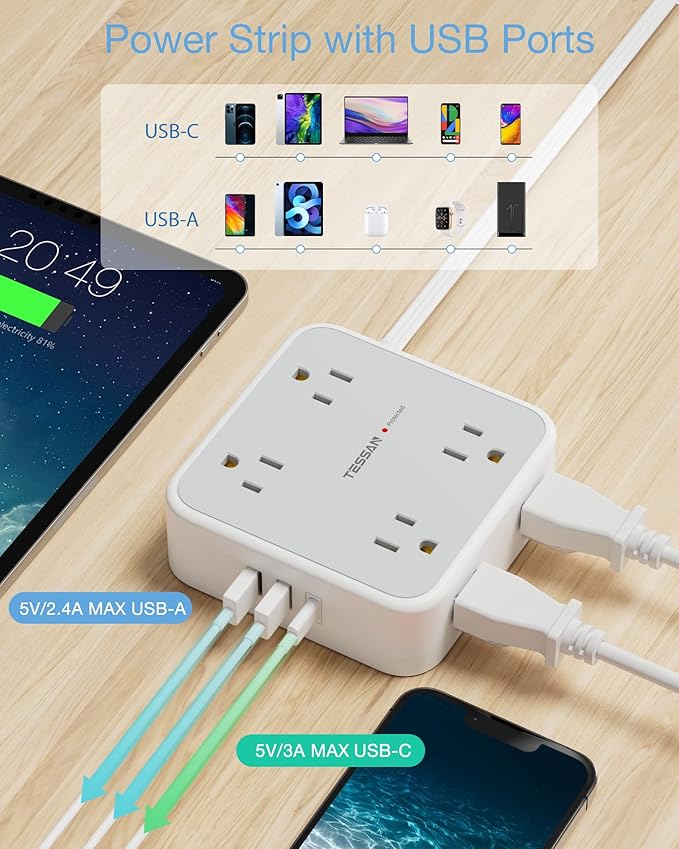 TESSAN Surge Protector Power Strip, 5 Ft Flat Plug Extension Cord - Image 4