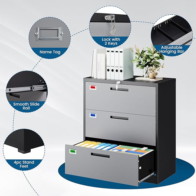 3 Drawer File Cabinet, Lateral Filing Cabinets - Image 4