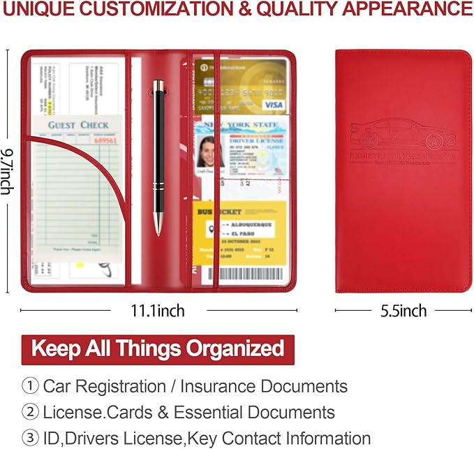 Car Registration and Insurance Card Holder, Leather License Document Red Glove - Image 5