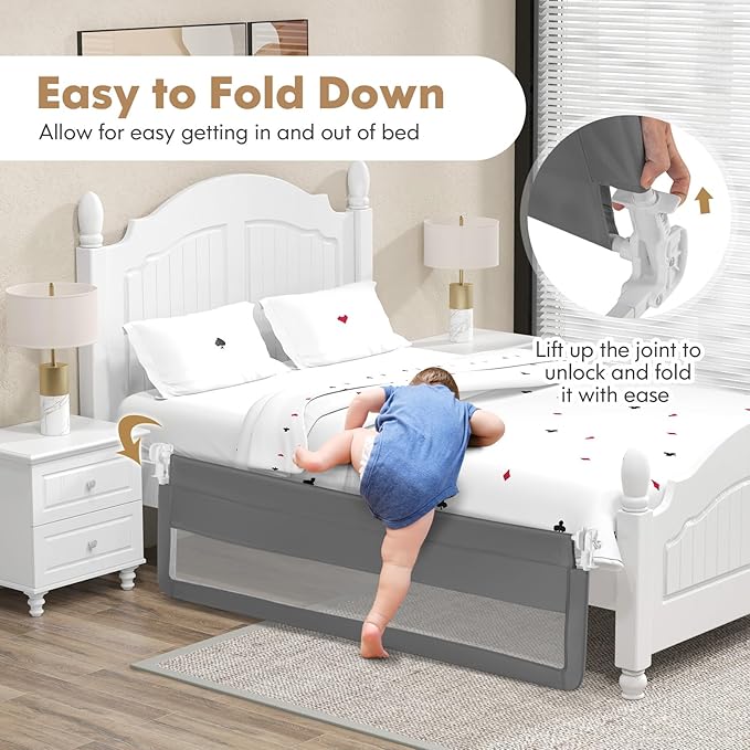 BABY JOY Bed Rails for Toddlers, Swing Down Bed Guard w/Safety Strap, Folding - Image 2