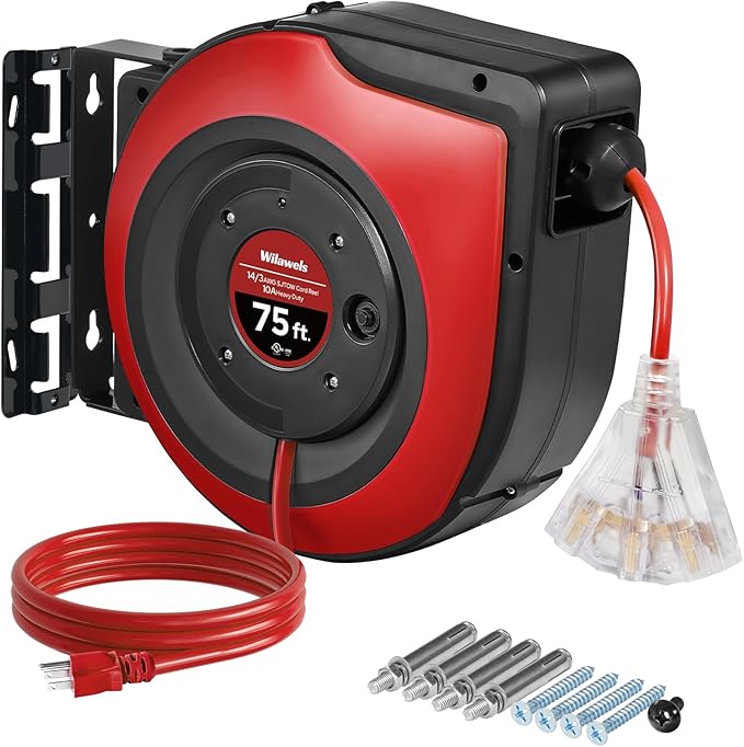 Retractable Extension Cord Reel, 75 FT Heavy Duty Extension Cord, 14AWG/3C SJTOW by Wilawels