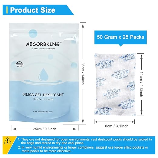 Silica Gel Packets – 50 Gram 25 Packs Moisture Absorbers, Desiccant Packs - Image 3
