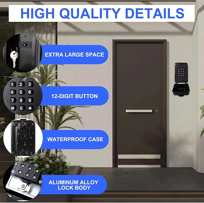 Key Lock Box, 12-Digit Code, Weatherproof Wall Mount, Large Capacity 5-8 Keys - Image 3