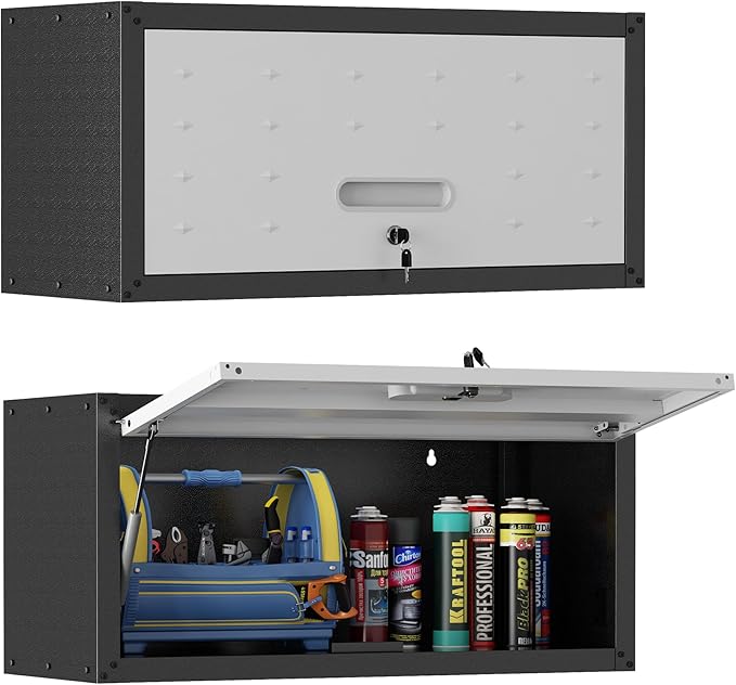 Metal Wall Cabinet with Up-flip Door, Heavy Duty Garage Wall Mounted Storage by OPTYMIRA