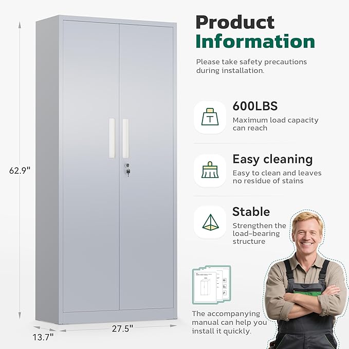 Greenvelly 63" H Metal Storage Cabinet Dark Grey, Locking Metal Cabinet - Image 2