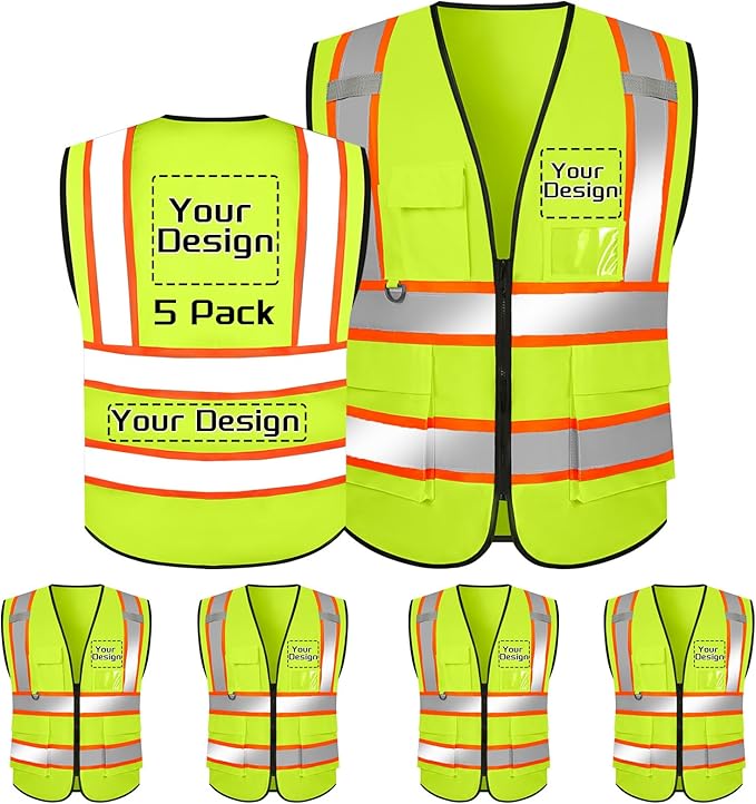 Custom Safety Vest with Logo Pockets High Visibility Reflective Vests by CustomTok