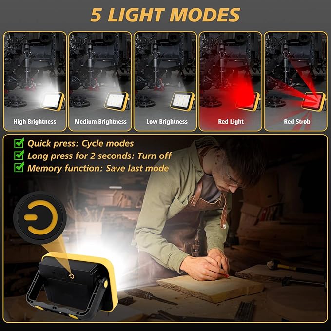 Rechargeable Flood Light with Tripod Hole, Portable COB Work Light Battery - Image 2