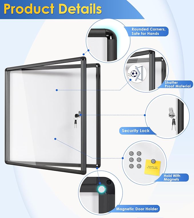 SWANCROWN Lockable Bulletin Boards Black Frame Enclosed Display Case, - Image 3