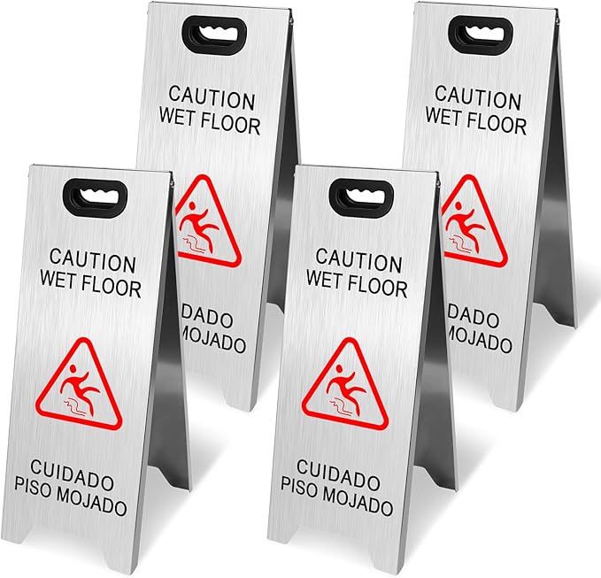 4 Pack Stainless Steel Wet Floor Sign, 24 Inch Caution Wet Floor Sign Portable by KERTY