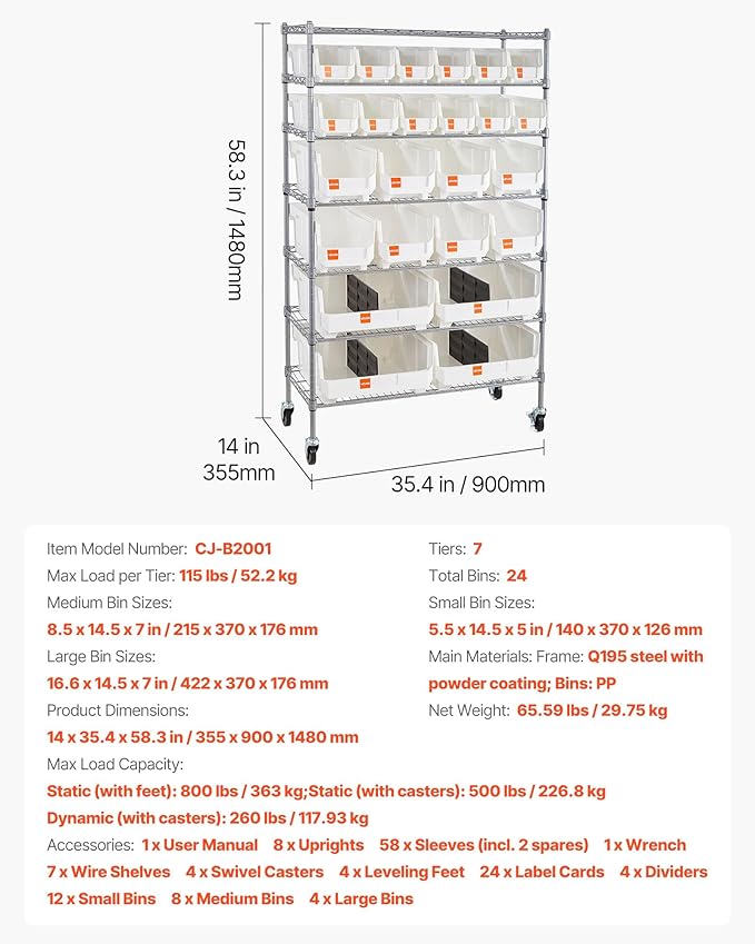 VEVOR 7-Tier Rolling Bin Storage Rack, 24 Organizer Bins, Bin Rack Storage - Image 7
