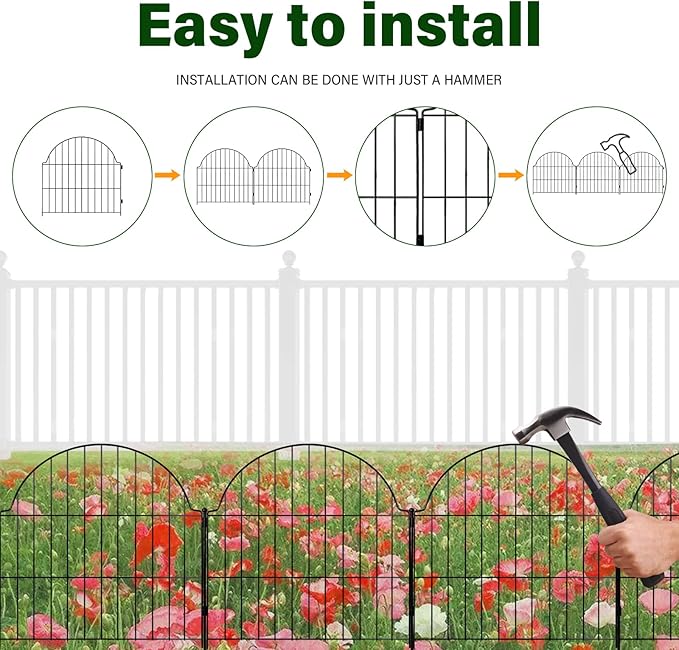 Decorative Metal Garden Fence 6 Panels, 25in x 12.2ft No Dig Outdoor Dog Fence - Image 3