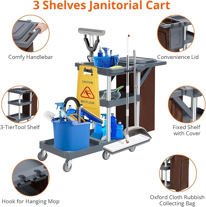 Commercial Janitorial Cart, 3-Shelf Housekeeping Cleaning Cart - Image 2