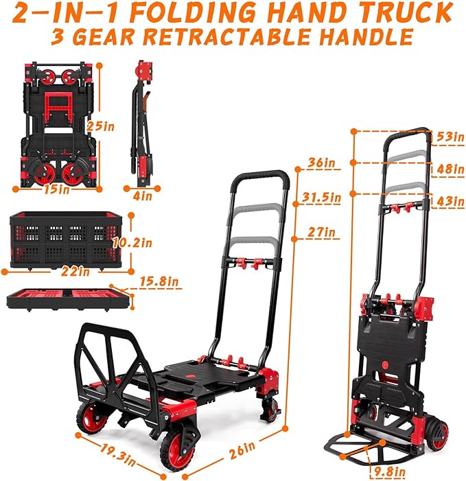 2-in-1 Folding Hand Truck with Folding Basket, Hand Truck with Retractable - Image 2