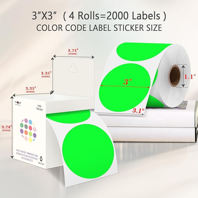 PARLAIM 3" Diameter Round Fluorescent Green Color Coding Sticker, 4 Rolls - Image 2
