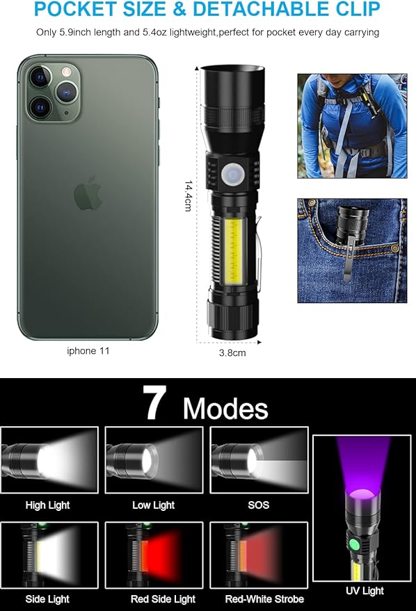 UV Flashlight Blacklight, USB Rechargeable Flashlights Magnetic Flashlight - Image 4