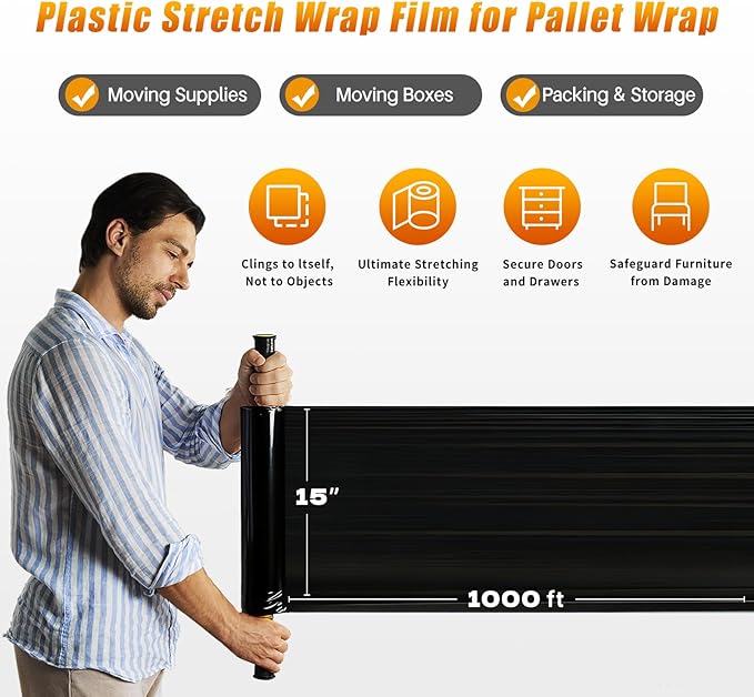 Black Stretch Film Shrink Wrap for Moving Supplies x 1000ft, Industrial - Image 4