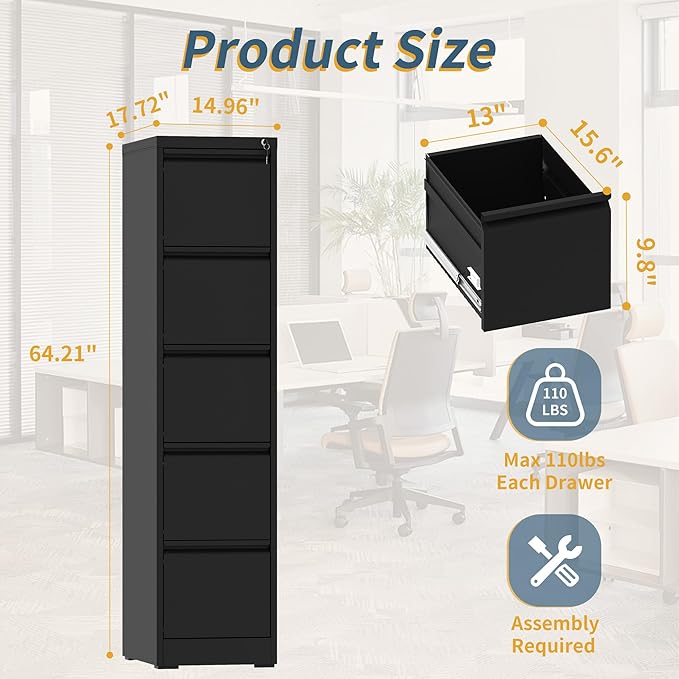 5 Drawer File Cabinet with Lock, Vertical Filing Cabinets - Image 3