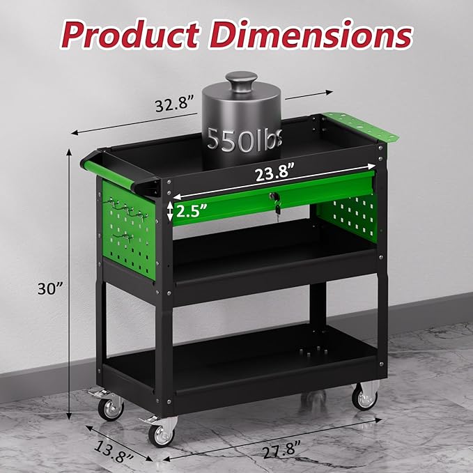 3 Tier Rolling Tool Cart on Wheels, Heavy Duty Industrial Utility Cart Service - Image 3