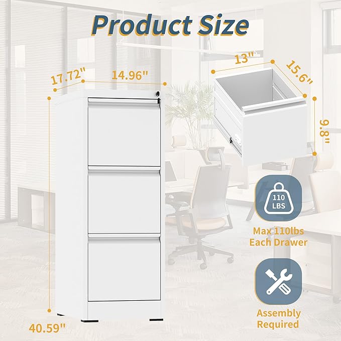 3 Drawer File Cabinet with Lock, Vertical Filing Cabinets - Image 3