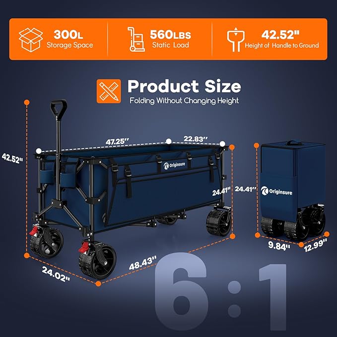 48" L Collapsible Wagon Cart Foldable, 560lbs Weight Capacity 300L Heavy Duty - Image 2