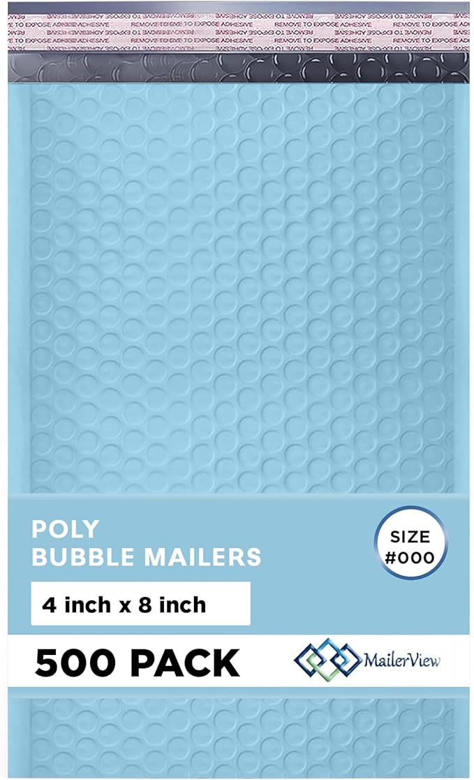 Light Blue Small Bubble Mailers 4x8 Inch #000 | Thick Padded Poly Bubble Mailer by MAILERVIEW